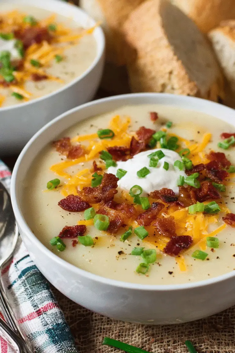 Creamy loaded potato soup topped with crispy bacon, shredded cheddar, green onions, and a dollop of sour cream.