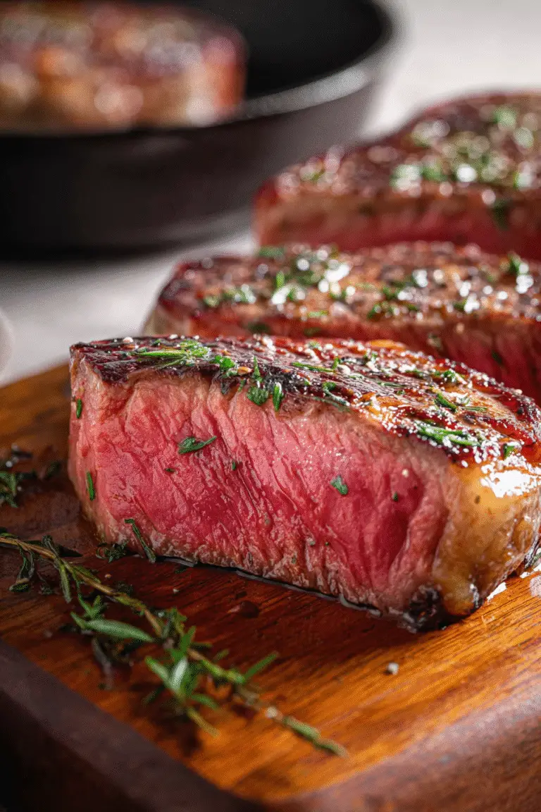 Juicy ribeye steak cooked medium rare, seared to perfection with herbs, tender inside and rich crust outside.