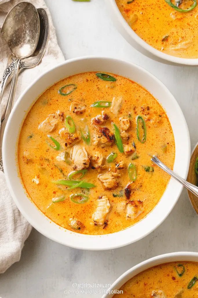 Creamy Cajun Chicken Soup in a white bowl, top-down view on a white marble kitchen counter