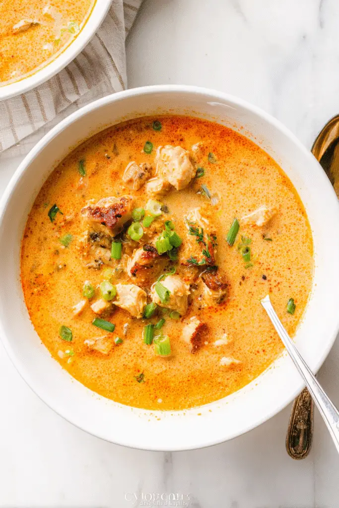 Creamy Cajun Chicken Soup in a white bowl, top-down view on a white marble kitchen counters