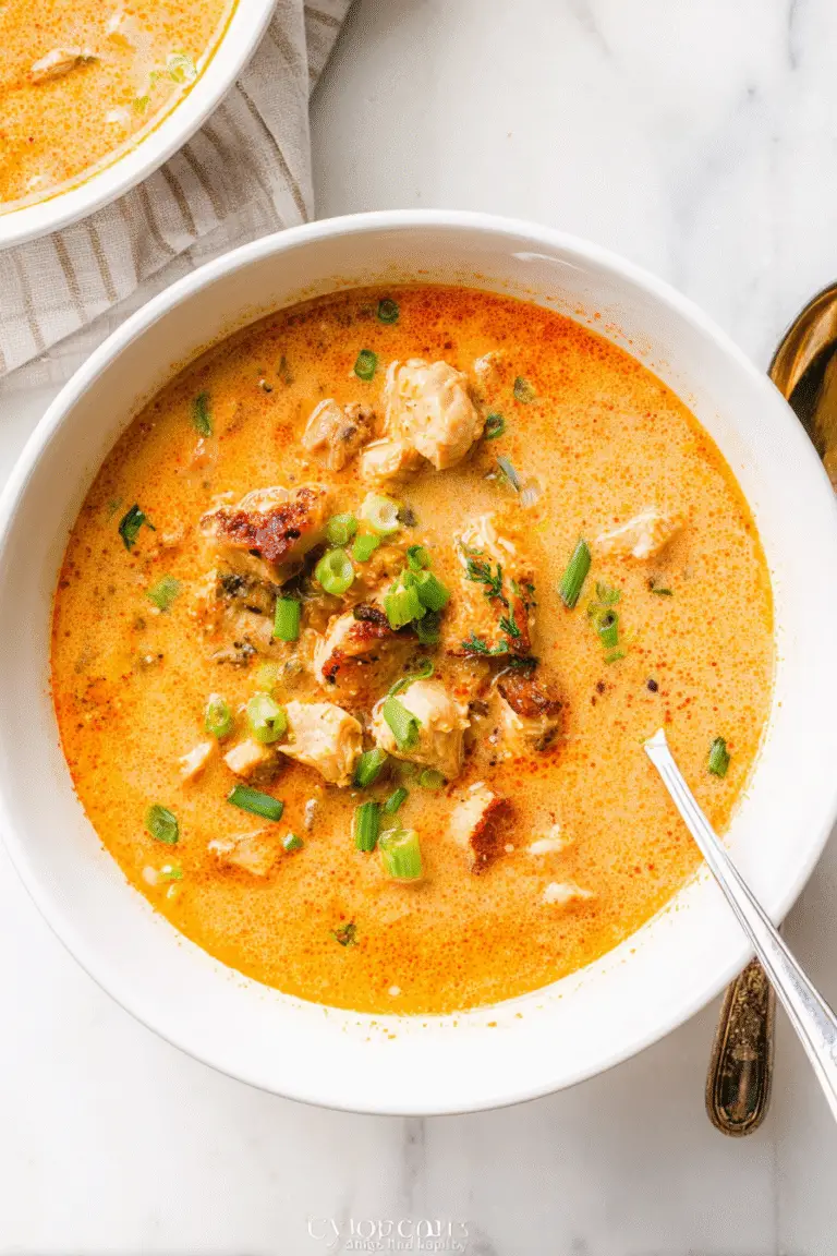 Creamy Cajun Chicken Soup in a white bowl, top-down view on a white marble kitchen counters