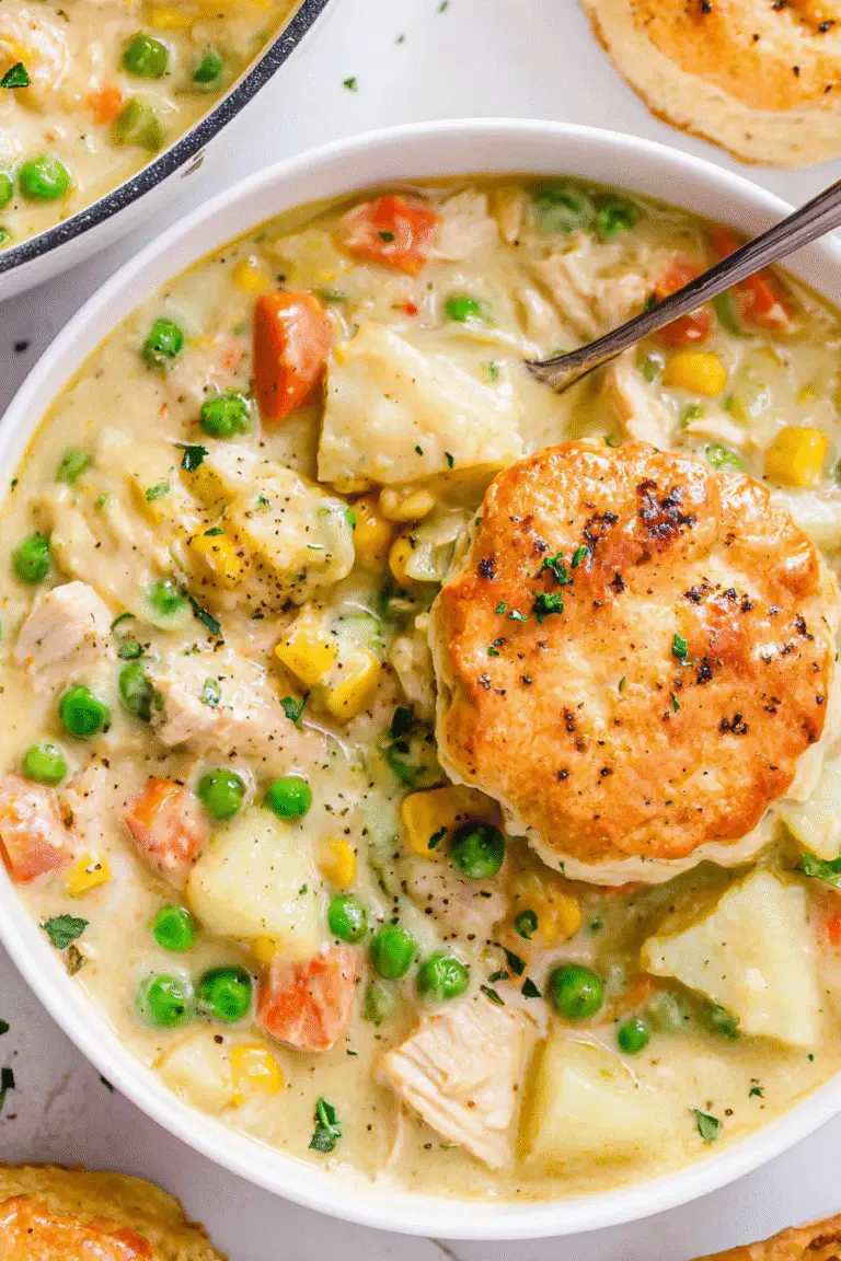 Creamy Chicken Pot Pie Soup served in a white bowl, top-down view on a white kitchen counter