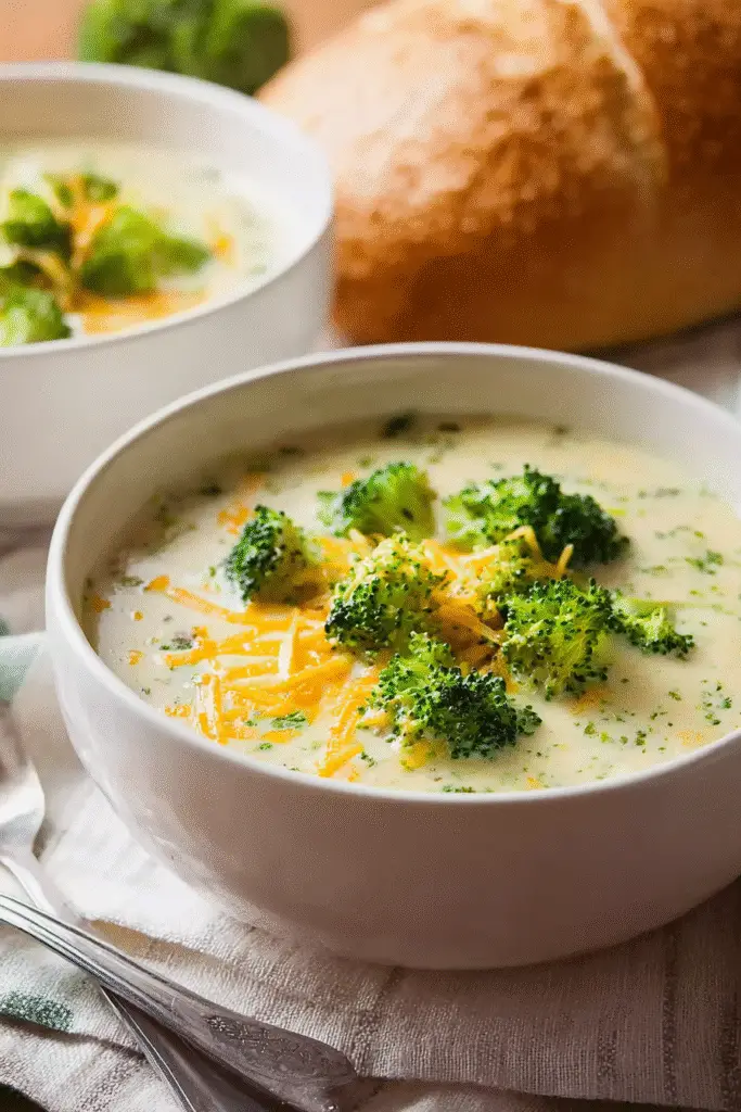 Creamy broccoli cheddar soup topped with fresh broccoli and shredded cheese served warm beside crusty bread.