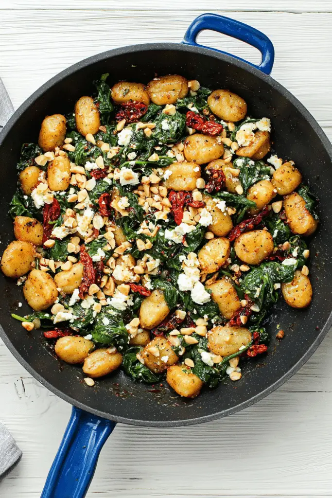 Crispy Gnocchi with Spinach and Feta, golden-brown gnocchi sautéed with fresh spinach, creamy feta cheese,