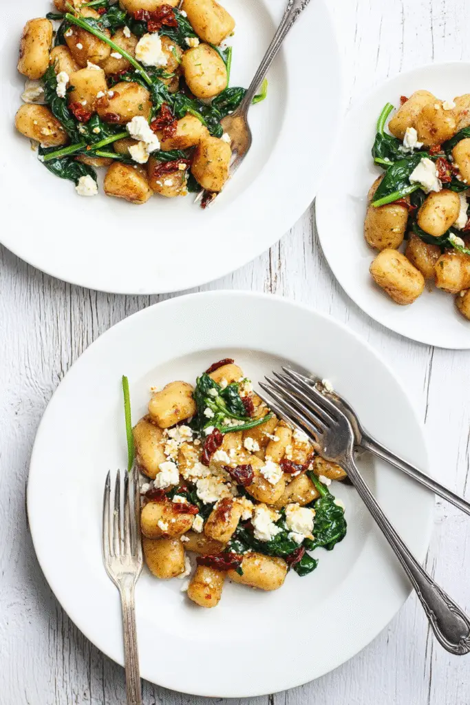 Crispy Gnocchi with Spinach and Feta, golden pan-seared gnocchi tossed with sautéed spinach,