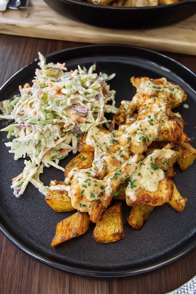 Easy Parmesan Chicken and Potatoes served with creamy coleslaw,