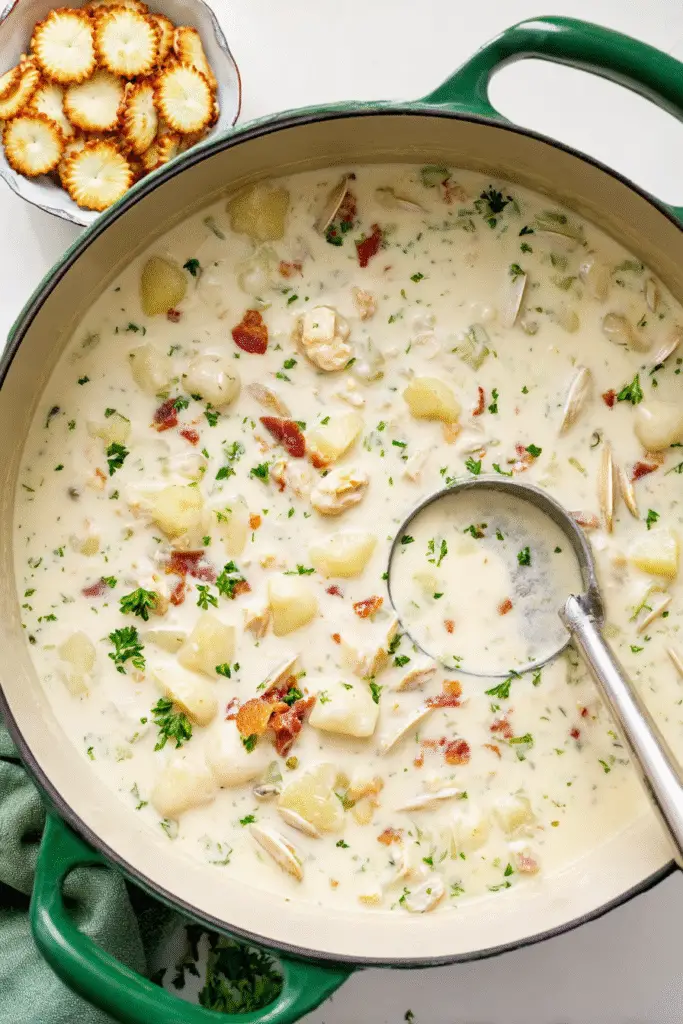 England Clam Chowder, creamy thick soup filled with tender clams, diced potatoes, onions, and herbs in a velvety white broth, garnished with parsley,