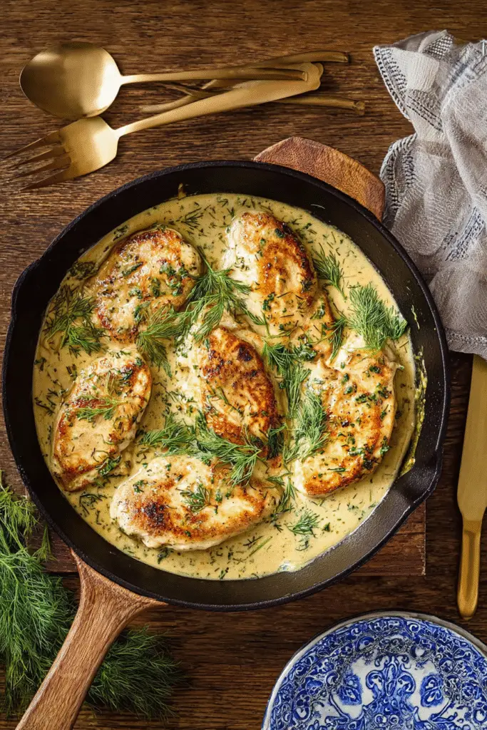 Golden French mustard chicken in a creamy Dijon sauce, garnished with herbs and served in a rustic skillet.