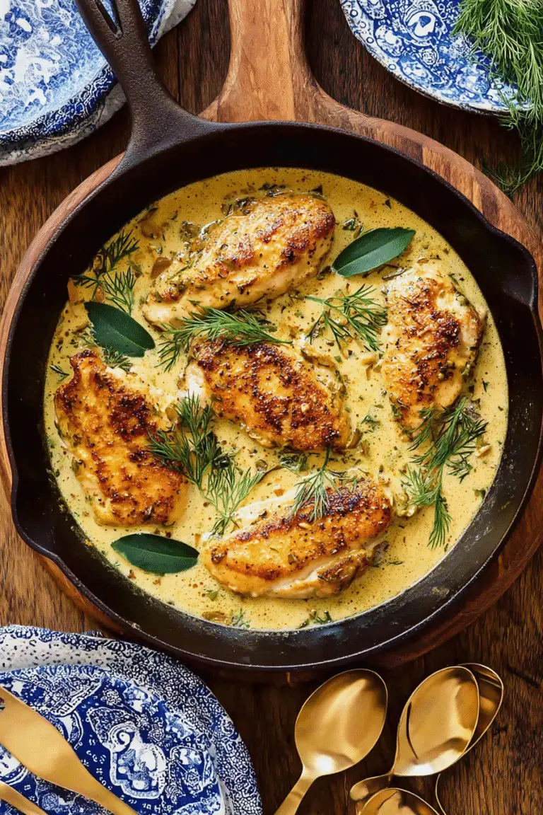 Creamy French mustard chicken simmered in a skillet with herbs and sauce, garnished with fresh dill for rich flavor.