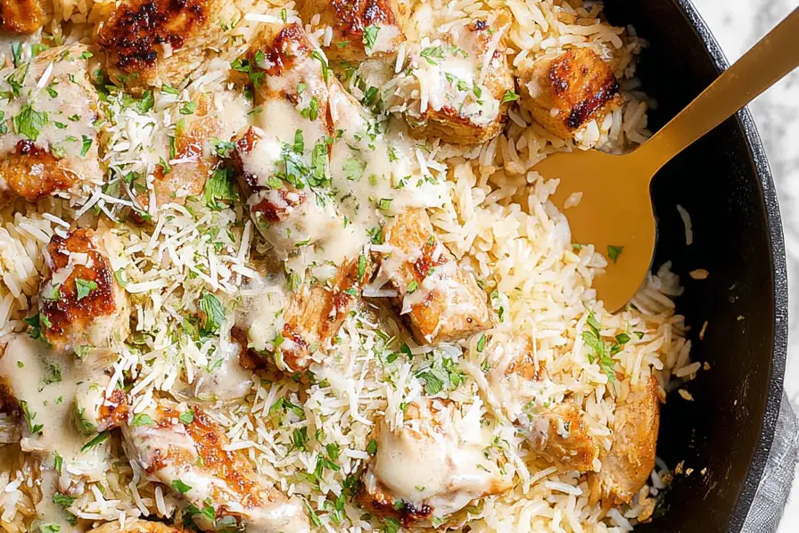 Garlic Parmesan Chicken and Rice, hyper-realistic food photography, ultra-detailed textures, tender golden-brown chicken pieces over fluffy seasoned rice