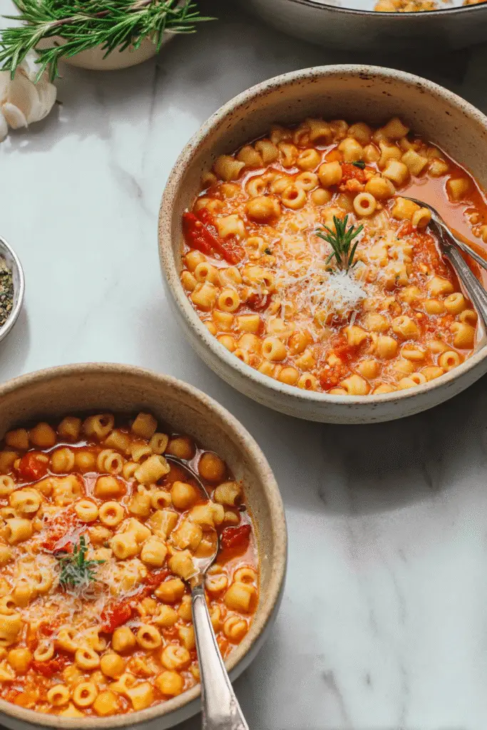 Pasta e Ceci, Italian comfort dish with ditalini pasta and tender chickpeas in a rich tomato broth