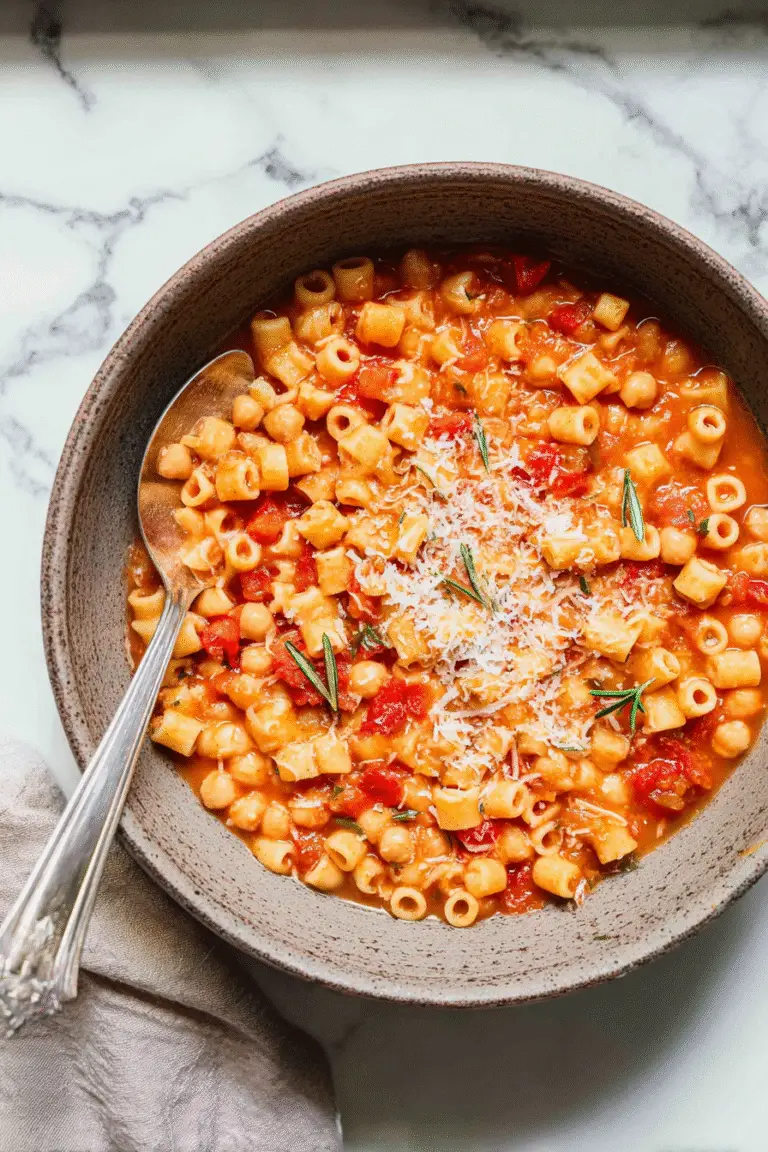 Pasta e Ceci, traditional Italian pasta and chickpea stew with ditalini pasta, chickpeas,