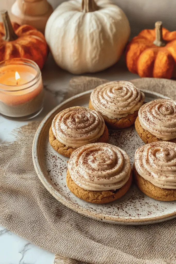 Soft pumpkin cookies topped with swirled cinnamon frosting and sprinkled with spice, surrounded by cozy fall decor.