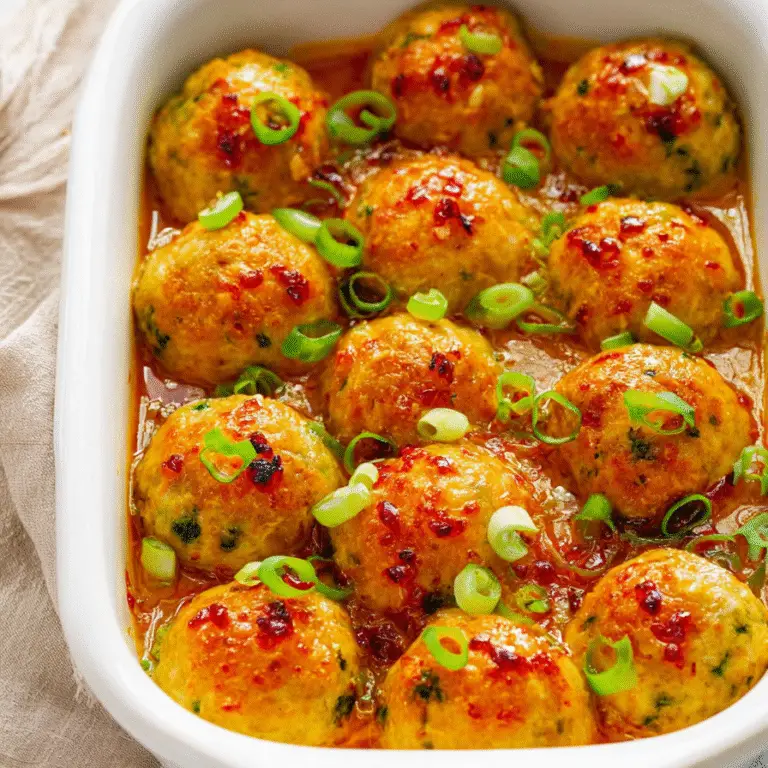Thai baked chicken meatballs in a white casserole dish,