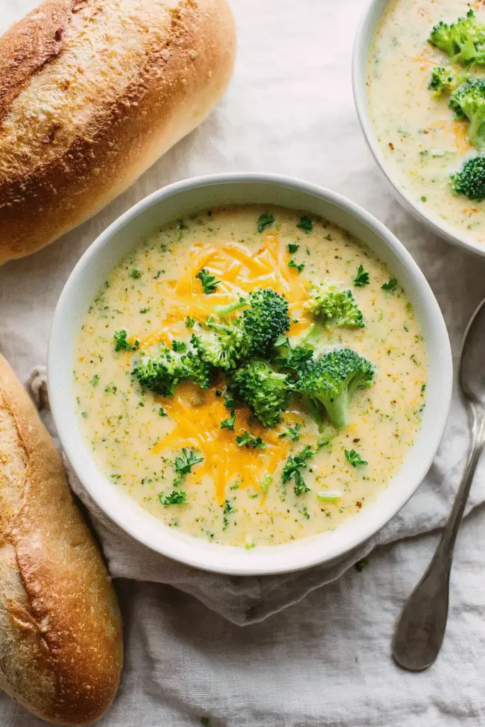 Creamy broccoli cheddar soup topped with melted cheese and fresh broccoli florets served with crusty bread on linen.