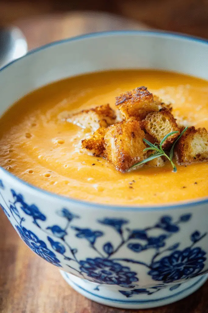 Smooth creamy vegetable soup in a blue floral bowl topped with crispy golden croutons and a sprinkle of herbs