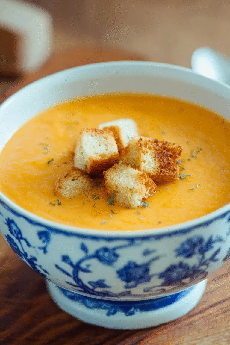 Smooth creamy vegetable soup in a blue floral bowl topped with crispy golden croutons and a sprinkle of herbs
