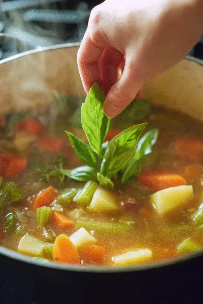 Hand adding basil to a simmering pot of creamy vegetable soup with carrots, potatoes, and celery for rich flavor