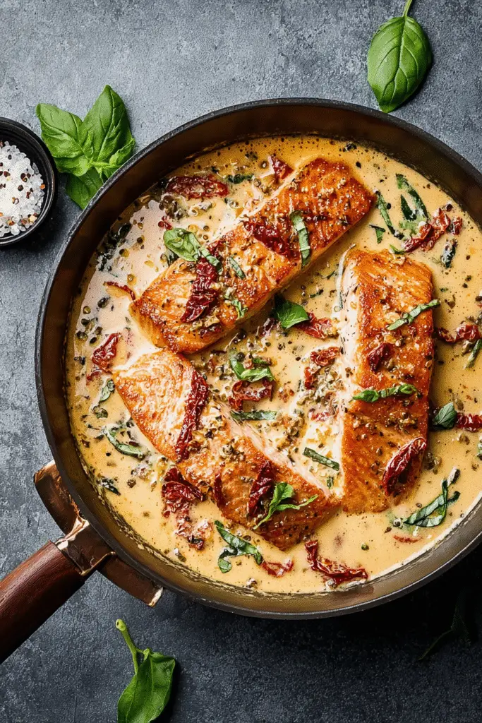 Creamy Marry Me Salmon with sun-dried tomatoes, garlic, and basil in a rich parmesan sauce in skillet