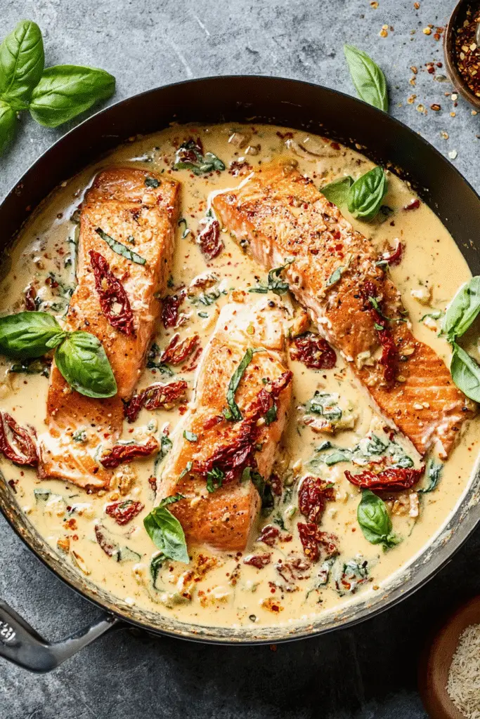 Creamy Marry Me Salmon with sun-dried tomatoes, garlic, and basil in a rich parmesan sauce in skillet
