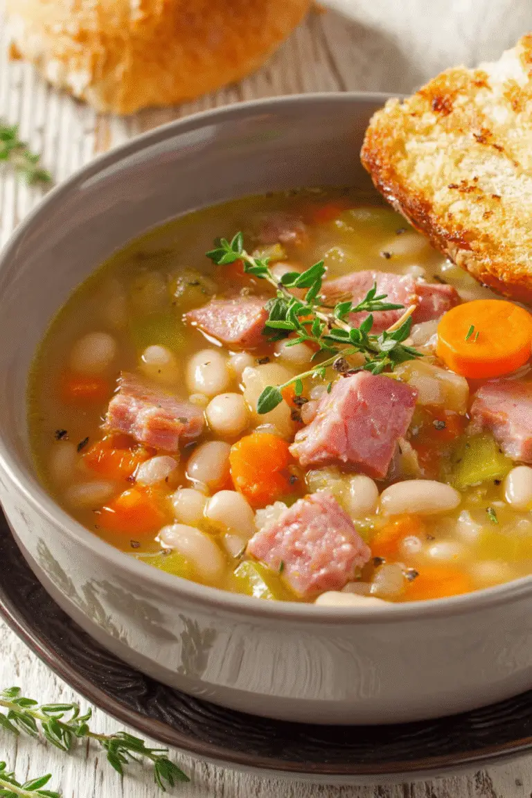 Hot ham soup with tender beans, carrots, and celery in savory broth, served with toasted bread and fresh thyme garnish