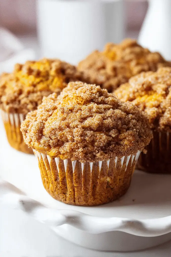 Fluffy apple and pumpkin muffins with cinnamon streusel topping on a white plate, warm cozy fall background.