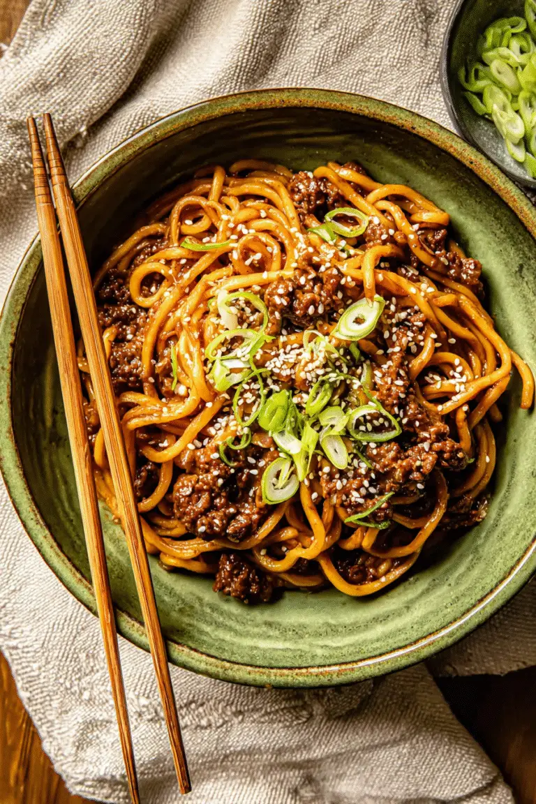 Mongolian ground beef noodles in a green bowl topped with sesame seeds and green onions, served with chopsticks