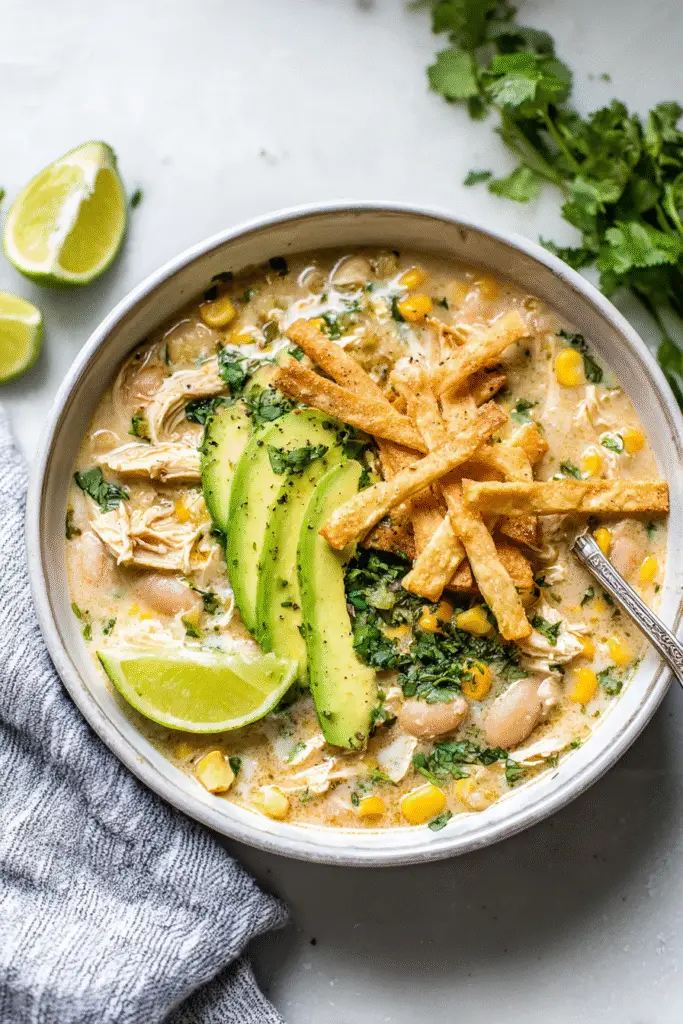 Creamy white chicken chili topped with avocado, lime, and crispy tortilla strips in a cozy, protein-packed bowl.