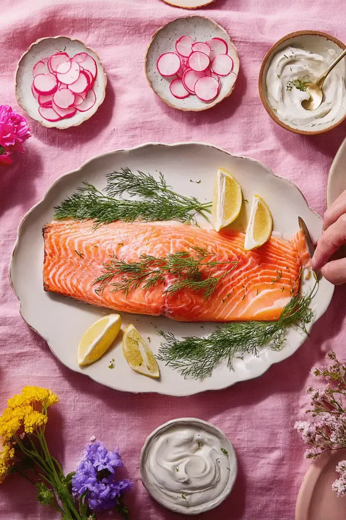 Homemade smoked salmon served with lemon wedges, dill, and creamy sauce on a pink table setting with fresh radishes