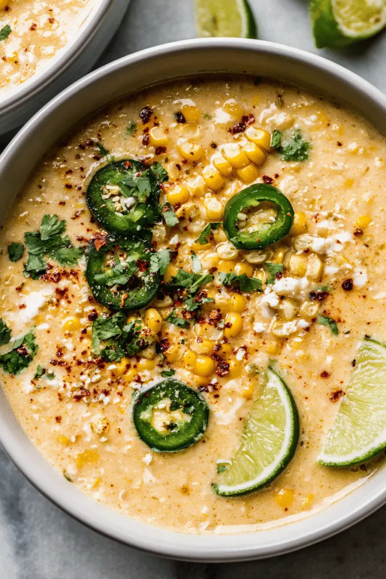 Creamy Mexican street corn soup topped with corn, jalapeño slices, cotija cheese, cilantro, and lime wedges
