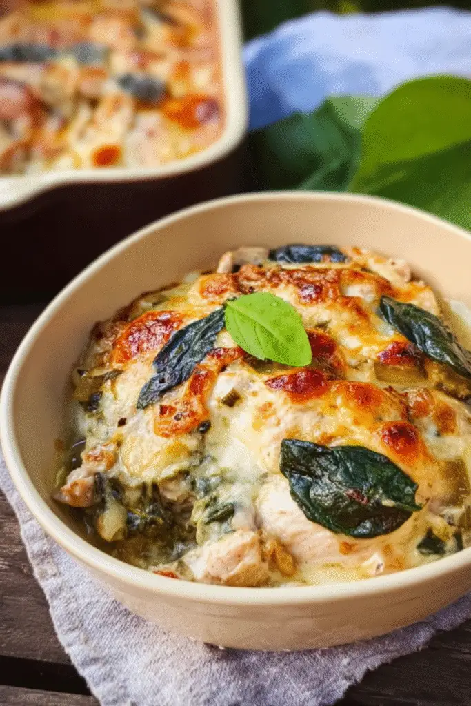Creamy chicken spinach bake topped with golden melted cheese and fresh basil served in a round baking dish