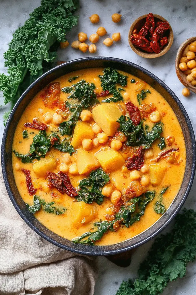 Creamy Tuscan garbanzo bean soup with kale, potatoes, and sun-dried tomatoes in a golden broth