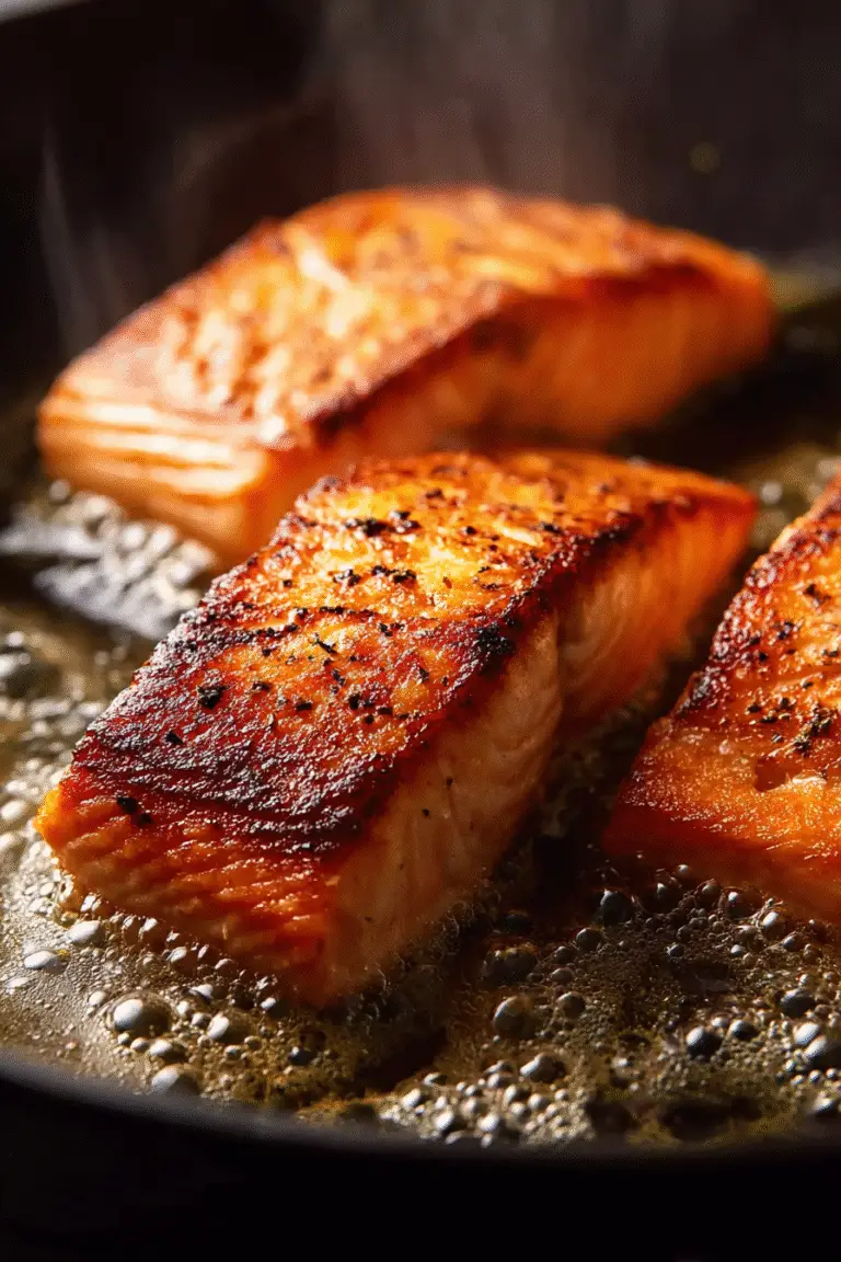 Crispy golden salmon fillets sizzling in butter, perfectly seared for a rich and flavorful meal.