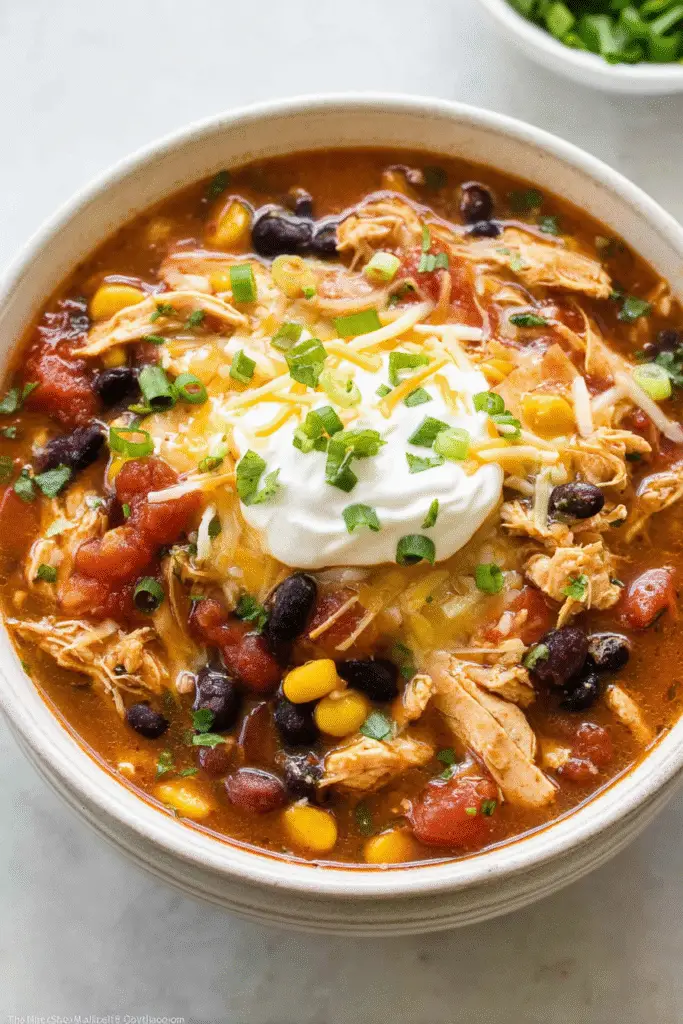 Warm chicken taco soup topped with sour cream, shredded cheese, and green onions, loaded with beans, corn, and tomatoes.