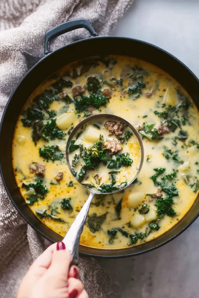 Creamy Tuscany soup with sausage, kale, and potatoes in a rich broth, served in a pot with a ladle ready to serve.