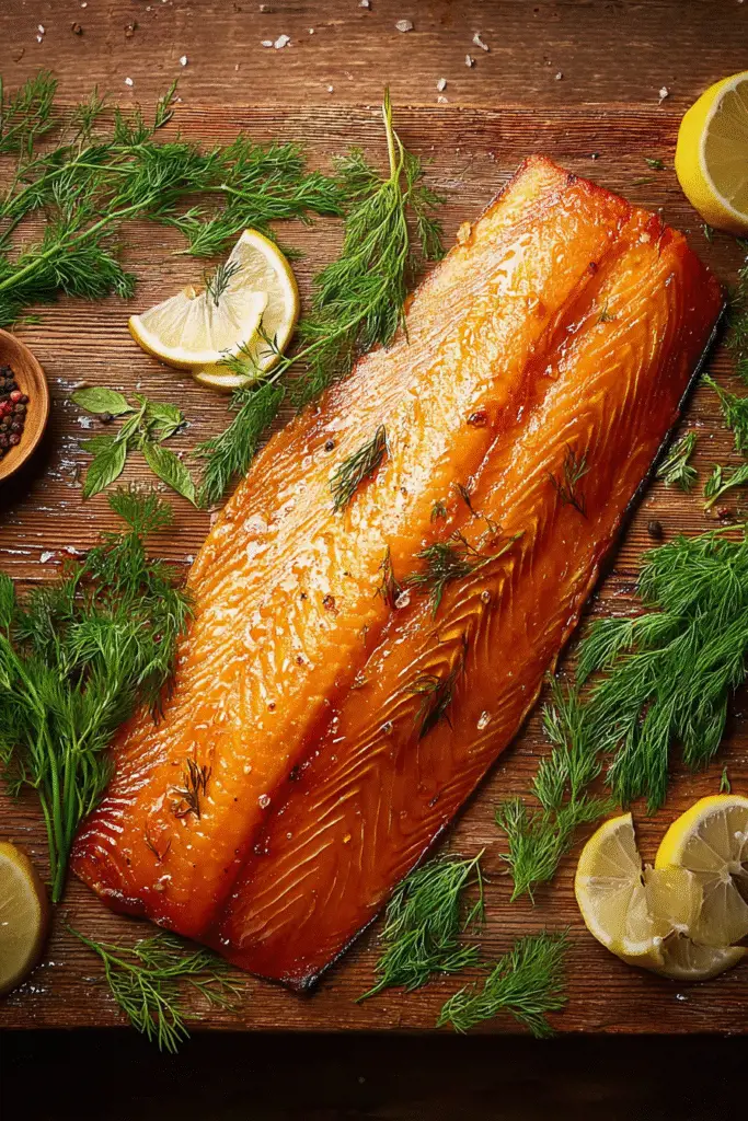 Golden smoked salmon fillet with lemon slices and fresh dill on a wooden board, glistening with a light smoky glaze