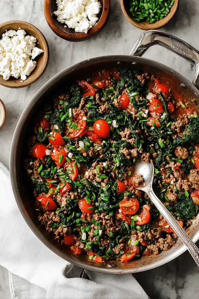 Colorful Mediterranean ground beef stir-fry with spinach, cherry tomatoes, and feta cheese in a skillet on marble counter
