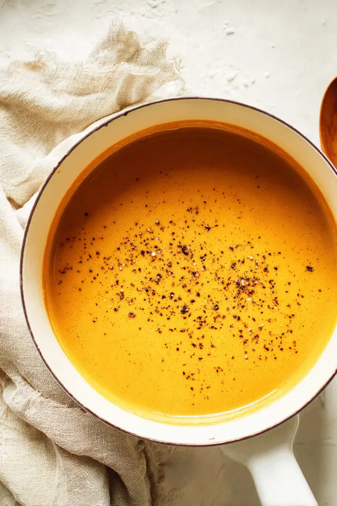 Creamy roasted vegetable soup in a white pot topped with cracked black pepper, smooth and velvety texture