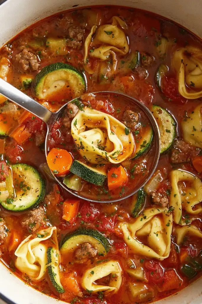 Rich autumn tortellini soup with sausage, zucchini, carrots, and tomatoes in a savory broth, served hot and hearty