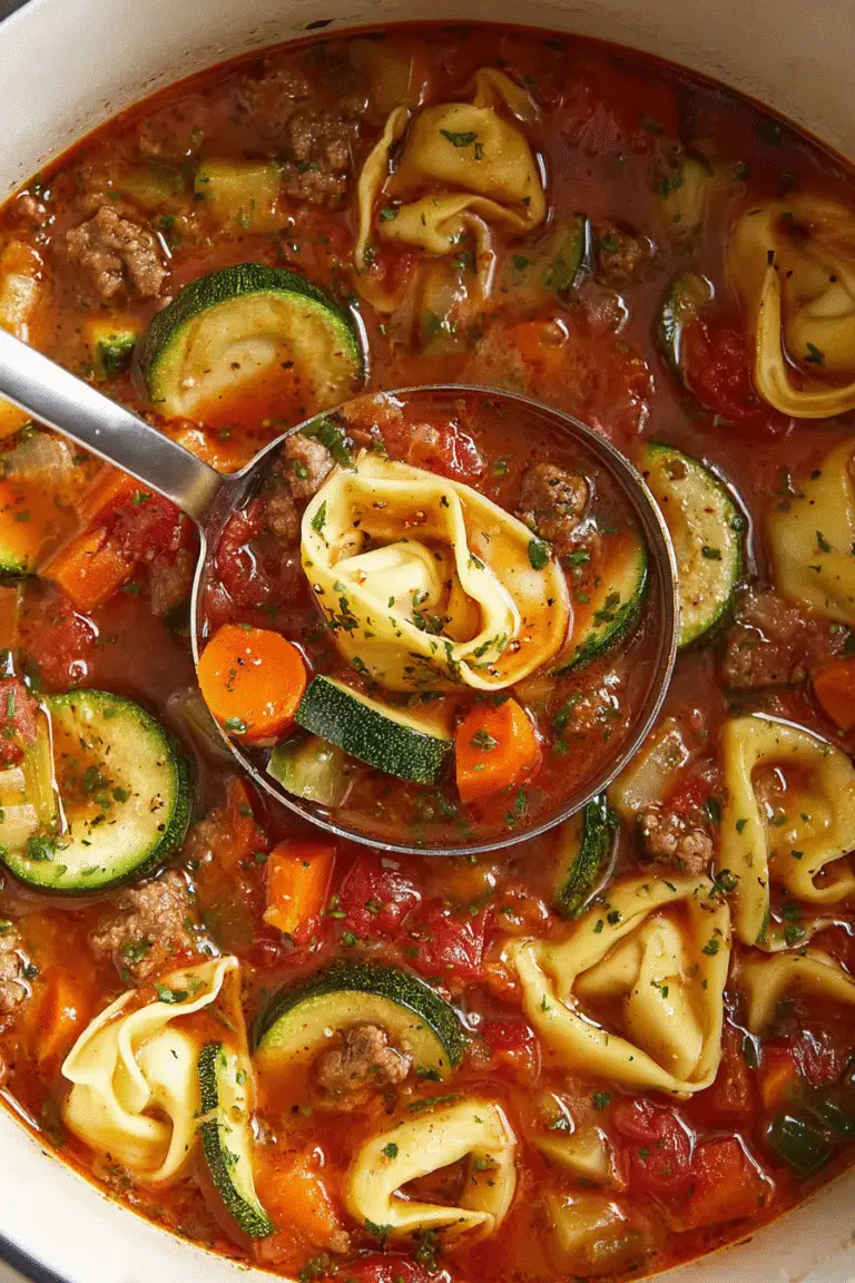 Rich autumn tortellini soup with sausage, zucchini, carrots, and tomatoes in a savory broth, served hot and hearty