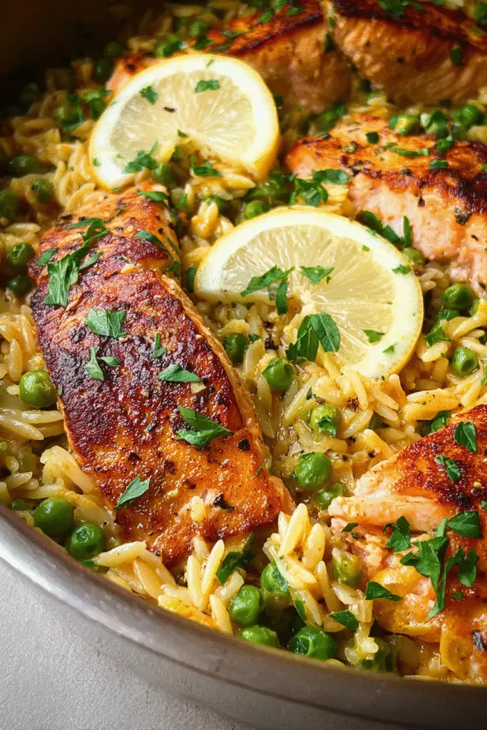Mediterranean salmon served with lemon orzo and peas, topped with parsley and fresh lemon slices for bright flavor