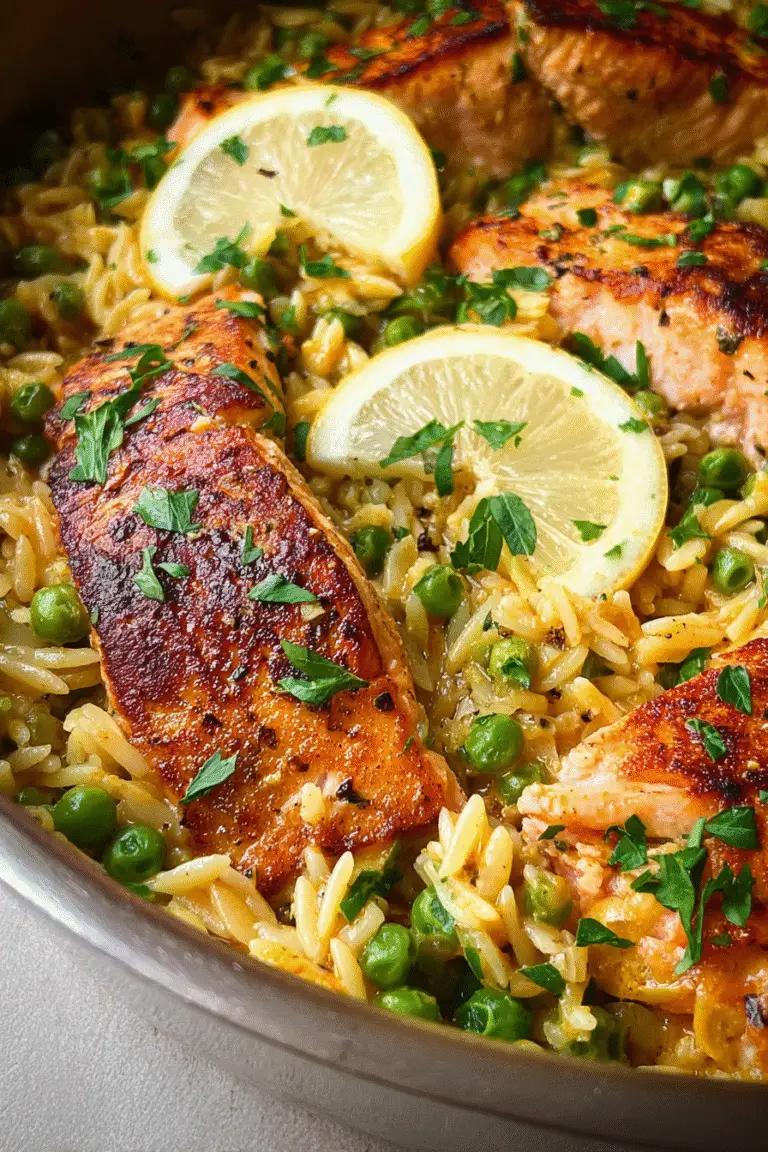 Mediterranean salmon served with lemon orzo and peas, topped with parsley and fresh lemon slices for bright flavor