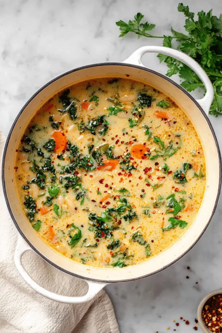 Creamy Tuscan White Bean Soup with kale, carrots, and herbs simmered in a white pot for a cozy, flavorful meal.
