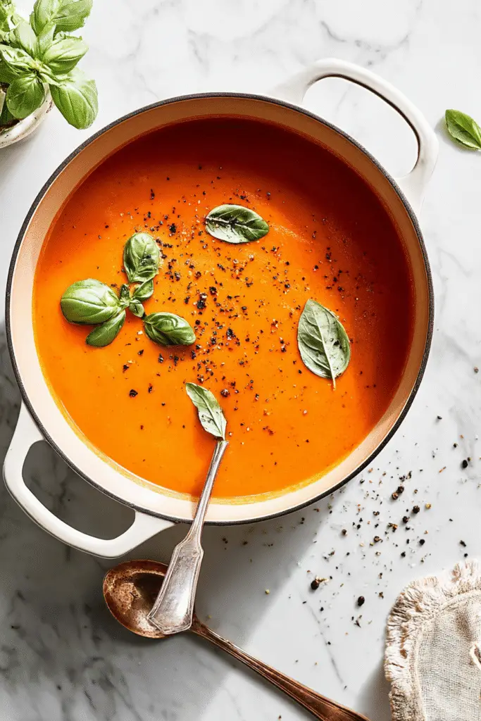 Creamy tomato soup in a white pot, garnished with fresh basil and black pepper, perfect for a cozy winter meal.