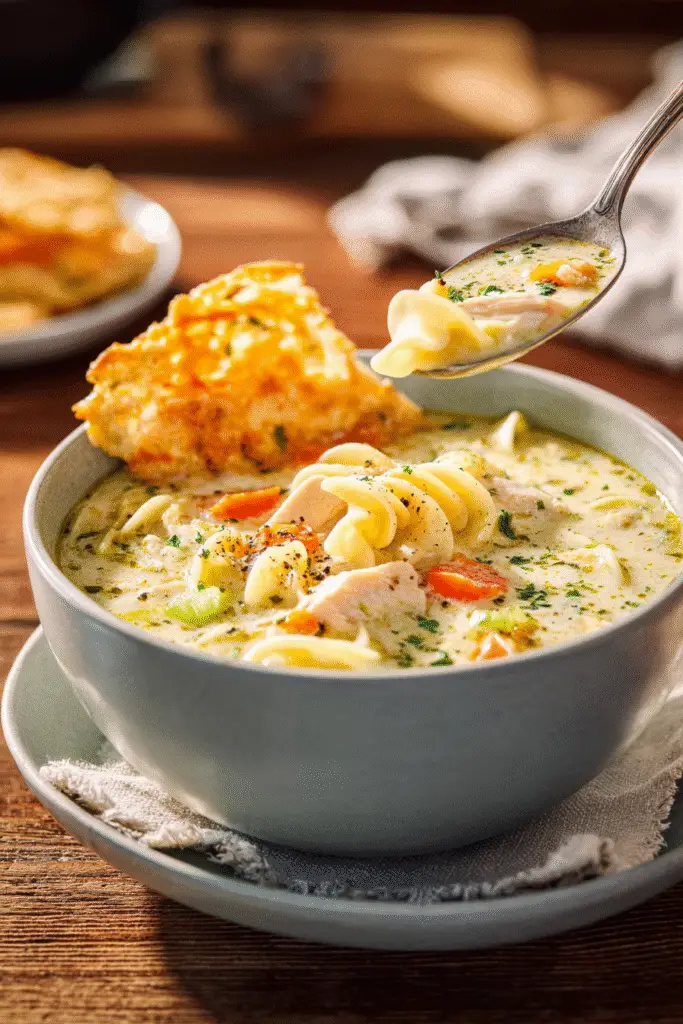 Creamy chicken pot pie soup with noodles, carrots, celery, and herbs served in a cozy bowl on a wooden table