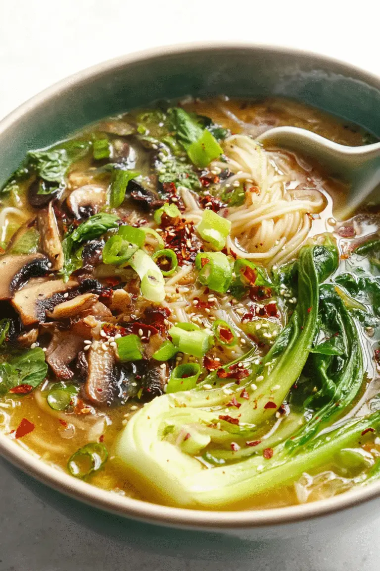 Warm Bok Choy Chicken Soup with noodles, mushrooms, scallions, and chili flakes in a flavorful clear broth.