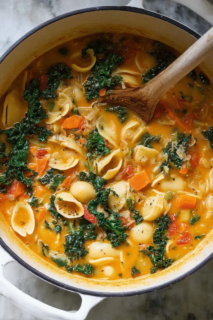 Hearty vegan Tuscan soup with pasta shells, kale, and tomatoes in a creamy broth served warm in a white pot.