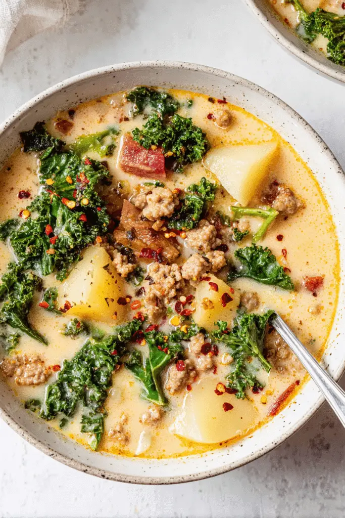 Creamy Tuscan soup with kale, potatoes, and sausage in a golden broth, a healthy protein-rich and low calorie meal.