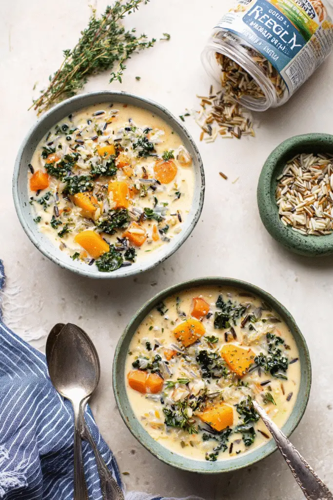 Creamy autumn wild rice soup with butternut squash, kale, and herbs in a cozy bowl on a white table with spoons.