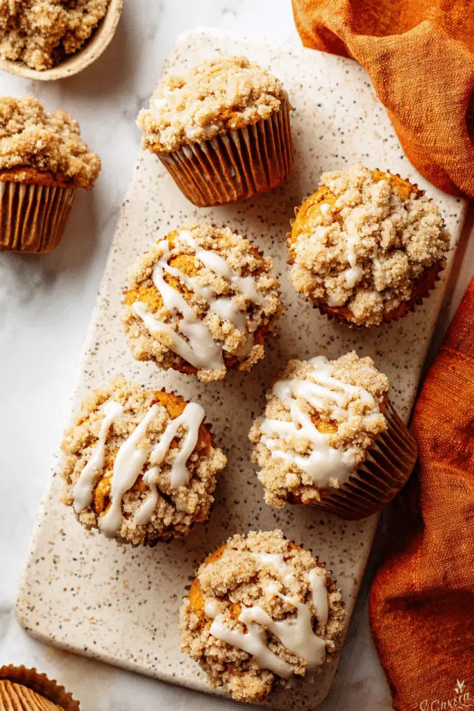 Pumpkin coffee cake muffins with crumbly cinnamon topping and vanilla glaze on a speckled tray with orange napkin